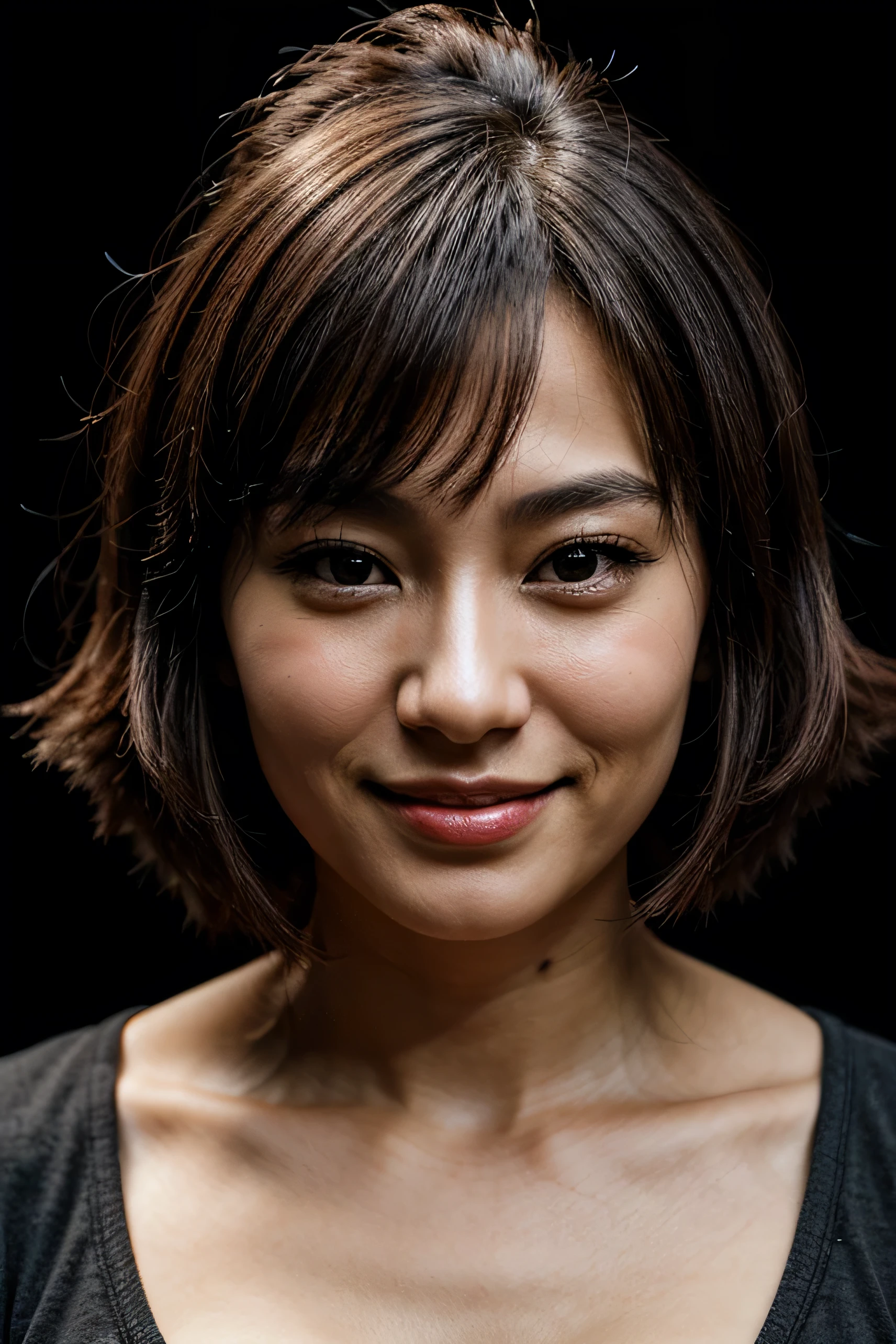 cara perfecta, Bello rostro de una mujer japonesa de 30 años., sonriendo hermoso, con fondo negro 