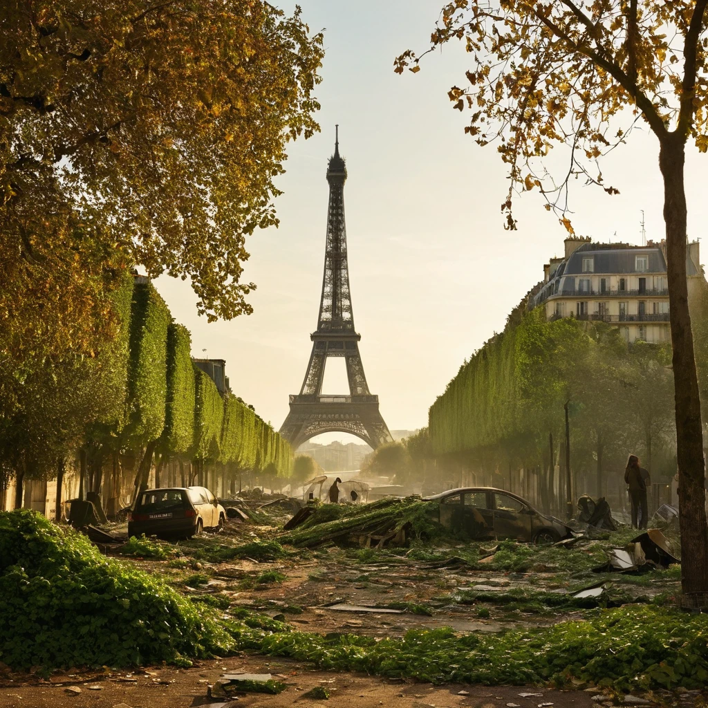 
scenario: paris, with the iconic Eiffel Tower in the background, abandoned for years, with nature invading the city. The streets are covered in vegetation and rubble, and old buildings show signs of wear and neglect. The Eiffel Tower is partially covered in ivy and moss, and some parts are rusty and damaged. Zombies roam the deserted streets, their clothes in tatters and their bodies in various stages of decomposition. The atmosphere is one of silence and desolation, with a light wind blowing through the empty streets. The room is illuminated by the soft light of dawn, highlighting the mix of destruction and nature recovering.

Camera: Low angle panoramic view, capturando a Torre Eiffel ao fundo e os zumbis vagando pelas ruas de paris. Soft natural early morning lighting, emphasizing the vibrant colors of the vegetation and the decadent details of the architecture. (真实感, Canon Eos 300mm Film, wide angle lens)