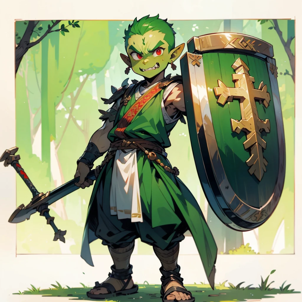 1little boys orc, orc version, Full body version, red eyes, green colour skins, angry eyes, bald hairstyle, angry expression, ancient Greek clothing, ancient Greek sandals, wood sword in hand, small shield wood, wood armor vest, Grassroots background in forest 