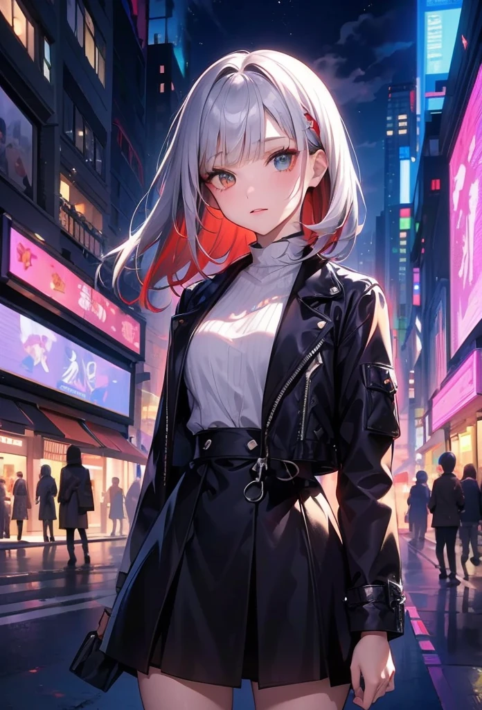 1girl, long hair, red left eye, grey right eye, straight silver hair, strictly straight bangs, hime hairstyle, blunt bangs, long straight hair cut,((( red back lighting))), heterochromia eyes, streetwear, crop top, city, Europe, water, neon, lights, glow, colourful, night, starry sky, sci fi, absurdres, high res, ultrasharp, 8k, masterpiece