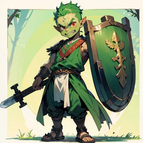 1little boys orc, orc version, full body version, red eyes, green colour skins, angry eyes, bald hairstyle, angry expression, an...