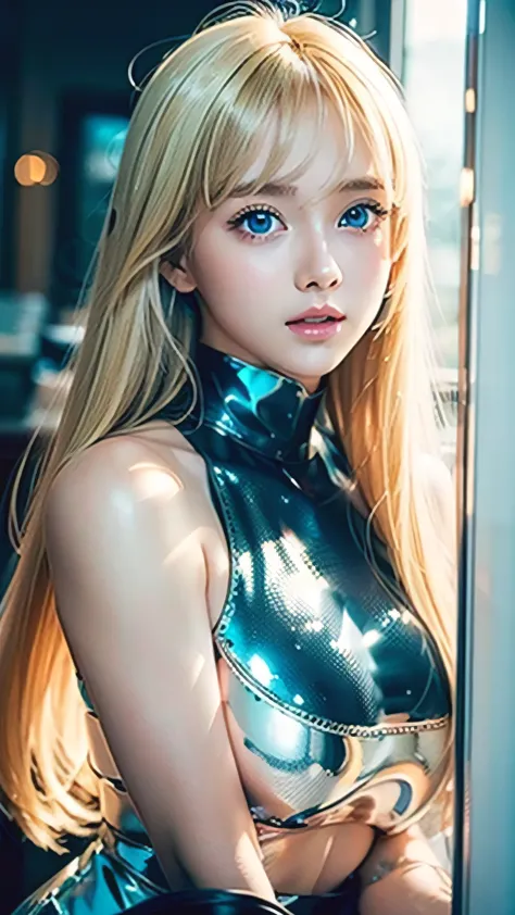 Very beautiful girl with super long shiny bright very pretty blonde hair、Big, bright, light blue eyes that shine beautifully、Ver...