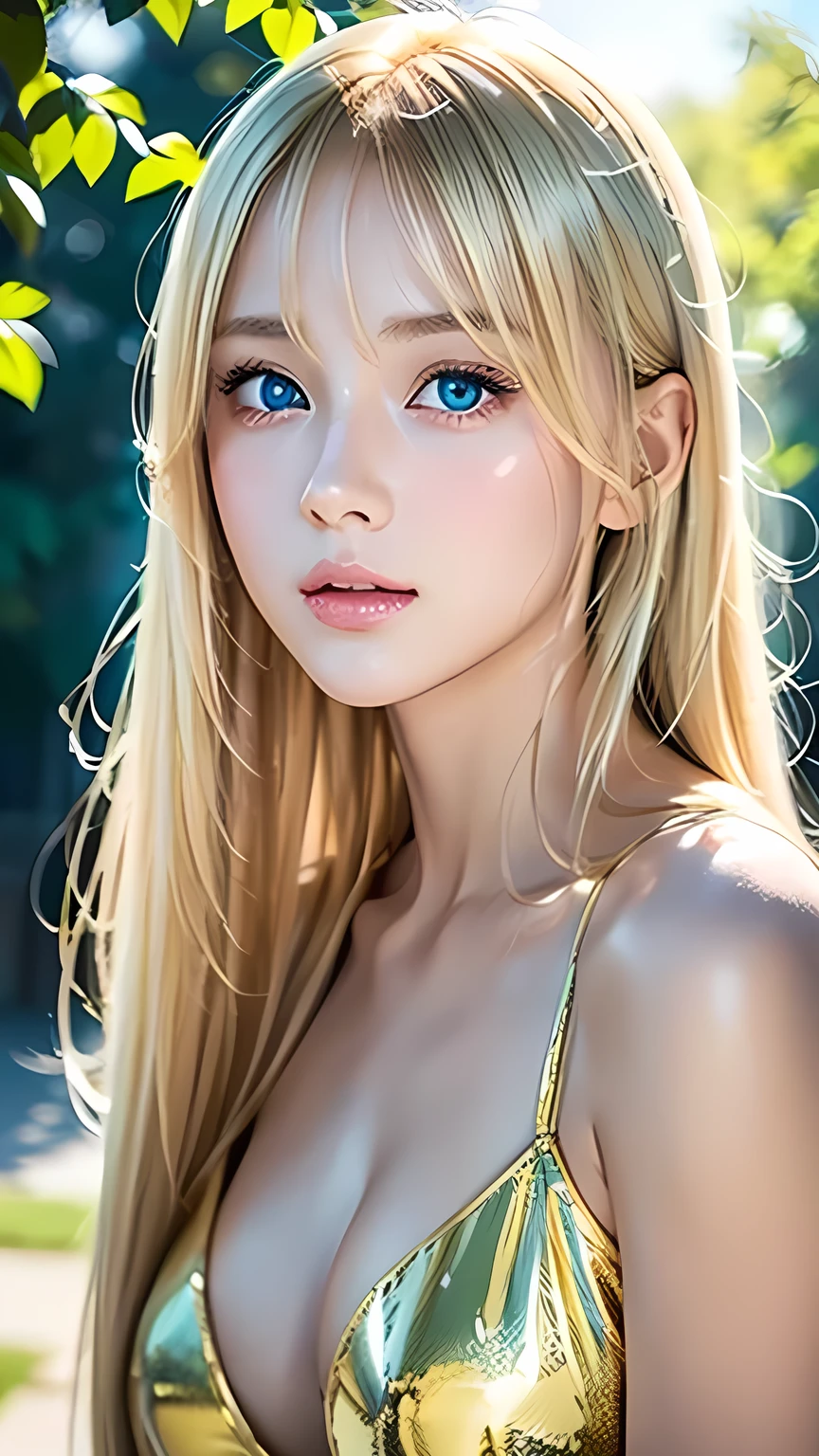 Very beautiful girl with super long shiny bright very pretty blonde hair、Big, bright, light blue eyes that shine beautifully、Very big eyes、Extremely white and radiant skin、Cheek gloss highlighter、Long bangs between the eyes、Bangs between the eyes and nose、Highest quality、masterpiece、Ultra-high resolution、(Photorealistic:1.4)、16-year-old girl、shoulder、attractive、looking at the camera、Small Face Beauty、Round face、Reflecting blonde light、Very kind, shy and cheerful expression、Large Breasts、 super long silky straight hair、A beautiful girl