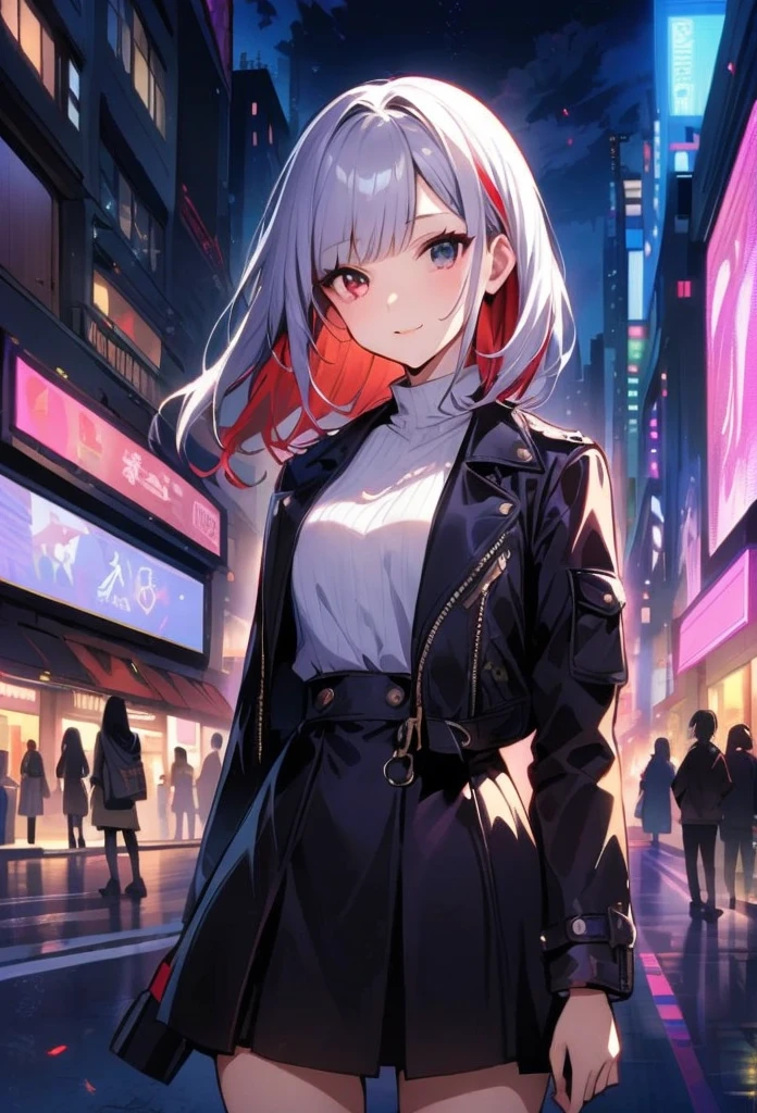 1girl, long hair, red left eye, grey right eye, straight silver hair, strictly straight bangs, hime hairstyle, blunt bangs, long straight hair cut,((( red back lighting))), heterochromia eyes, streetwear, crop top, city, Europe, water, neon, lights, glow, colourful, night, starry sky, sci fi, absurdres, high res, ultrasharp, 8k, masterpiece