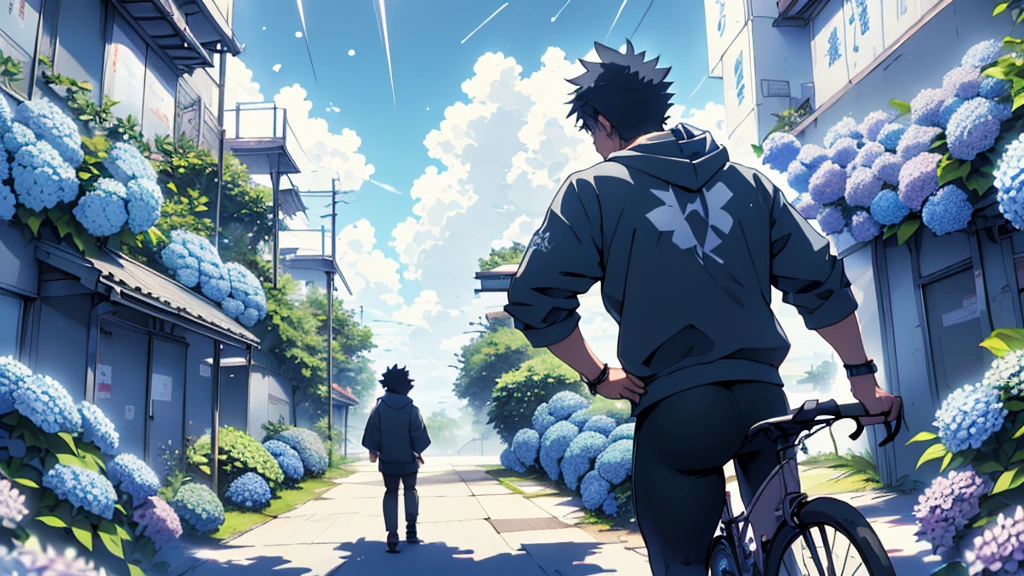 ((Highest quality)), ((masterpiece)), (detailed), Highest quality、High resolution、８K、Very cloudy sky、hoodie、Back view of a student in  riding a bicycle、Heavy downpour、、Standing surrounded by hydrangeas、Japanese anime-like style、超High resolutionかわいい萌えアニメ8k、 Slender and muscular、Glasses