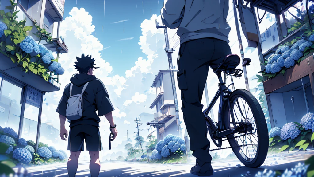 ((Highest quality)), ((masterpiece)), (detailed), Highest quality、High resolution、８K、Very cloudy sky、hoodie、Back view of a student in  riding a bicycle、Heavy downpour、、Standing surrounded by hydrangeas、Japanese anime-like style、超High resolutionかわいい萌えアニメ8k、 Slender and muscular、Glasses