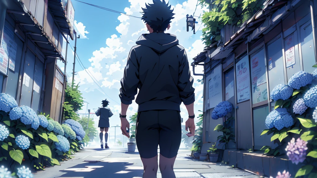 ((Highest quality)), ((masterpiece)), (detailed), Highest quality、High resolution、８K、Very cloudy sky、hoodie、Back view of a student in  riding a bicycle、Heavy downpour、、Standing surrounded by hydrangeas、Japanese anime-like style、超High resolutionかわいい萌えアニメ8k、 Slender and muscular、Glasses