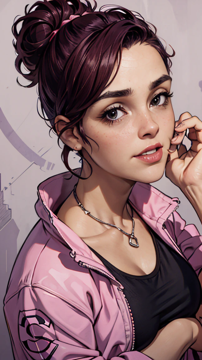 A attitude girl in the city, wearing pink jacket, luxurious car ((gta v vector stlye)), sexy girl, hair bun, brunette hair, glossy lips, blush on face, smile face, blank background ,A close-up of a woman's lips with bright pink lipstick, gloss, perfect lips, lips wide parted, full glossy lips, beautiful lips, smoothed lip line.,Smile face, perfect anatomy, black hair, blush on face, tanktop 