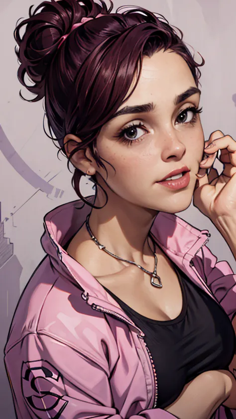 A attitude girl in the city, wearing pink jacket, luxurious car ((gta v vector stlye)), sexy girl, hair bun, brunette hair, glos...