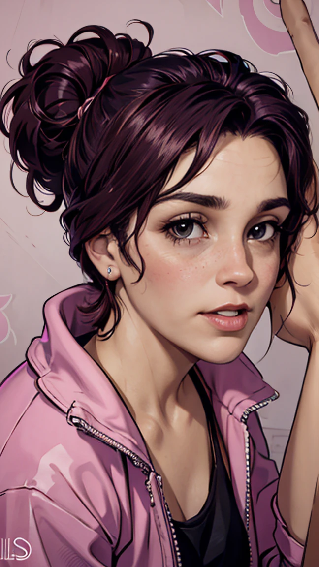 A attitude girl in the city, wearing pink jacket, luxurious car ((gta v vector stlye)), sexy girl, hair bun, brunette hair, glossy lips, blush on face, smile face, blank background ,A close-up of a woman's lips with bright pink lipstick, gloss, perfect lips, lips wide parted, full glossy lips, beautiful lips, smoothed lip line.,Smile face, perfect anatomy, black hair, blush on face, tanktop 