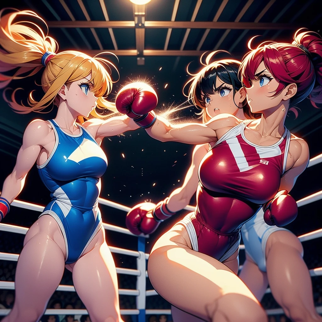 NSFW , Écran de match du jeu vidéo de boxe féminine des années 1990 "Combat de boxe lesbienne animé Japon VS Corée", porter des gants de boxe, échangeant des coups violents, deux femmes, Couleur de cheveux claire, corps entier grand angle regardant vers le bas, ring de boxe avec une jauge de force, une femme en combinaison d&#39;athlétisme avec un drapeau japonais imprimé et une femme en justaucorps avec un drapeau coréen imprimé.