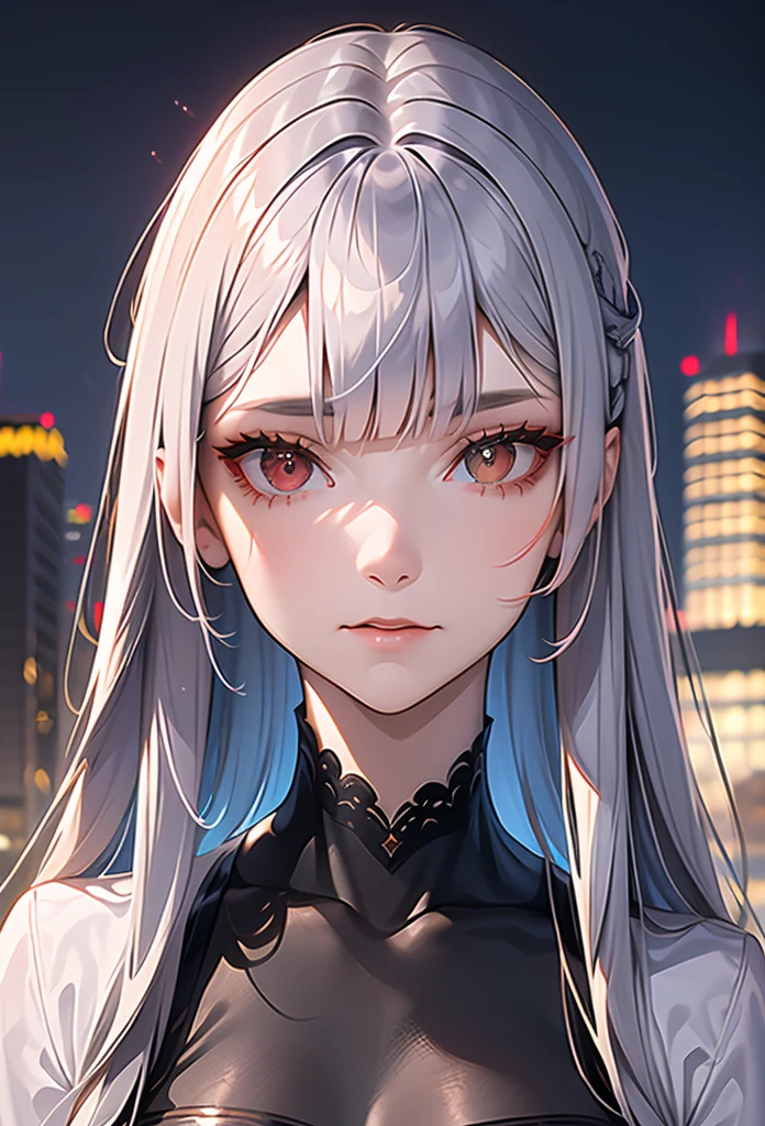 1girl, long hair, red left eye, grey right eye, straight silver hair, strictly straight bangs, hime hairstyle, blunt bangs,((( long straight hair))),((( red back lighting))), heterochromia eyes, streetwear, crop top, city, Europe, water, neon, lights, glow, colourful, night, starry sky, sci fi, absurdres, high res, ultrasharp, 8k, masterpiece