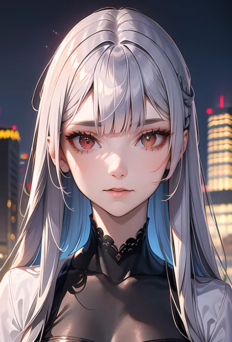1girl, long hair, red left eye, grey right eye, straight silver hair, strictly straight bangs, hime hairstyle, blunt bangs,((( l...