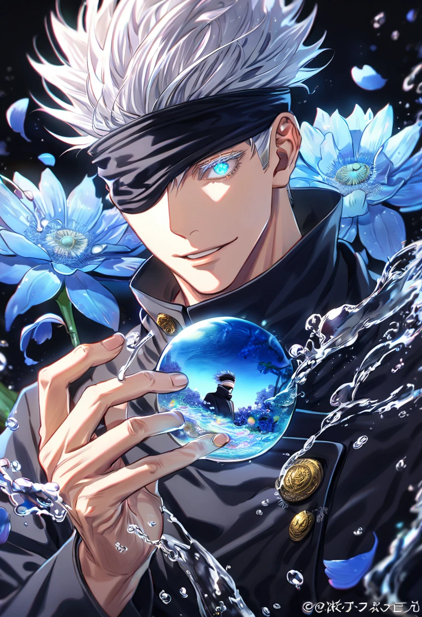 absurdesten, highres, Extrem detailliert, HDR, Meisterwerk, Gojou Satoru, weißes Haar, mit verbundenen Augen, schwarzes Shirt, Jujutsu Kaisen, Mann, Gutaussehend, beste Qualität, blauer Mond, Blumen, Fantasie, magisch, Allein, Wasser, blau leuchtende Glühwürmchen, Blaue Blütenblätter, Jujutsu Kaisen uniform, Gutaussehend smile