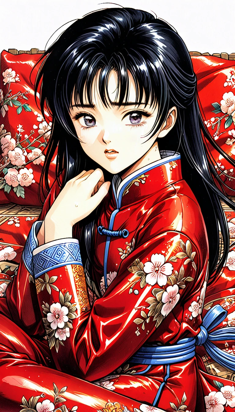 8k Tragic historical drama in live-action style: Beautiful palace secrets　A beautiful 10-year-old Chinese kung fu girl with long black hair is sleeping soundly　Gorgeous embroidery, Ultra glossy, She is wearing a shiny red long-sleeved floral kung fu suit....　　She cries loudly and is made to lie on a floral futon and has a penis inserted into her　She spreads her legs wide