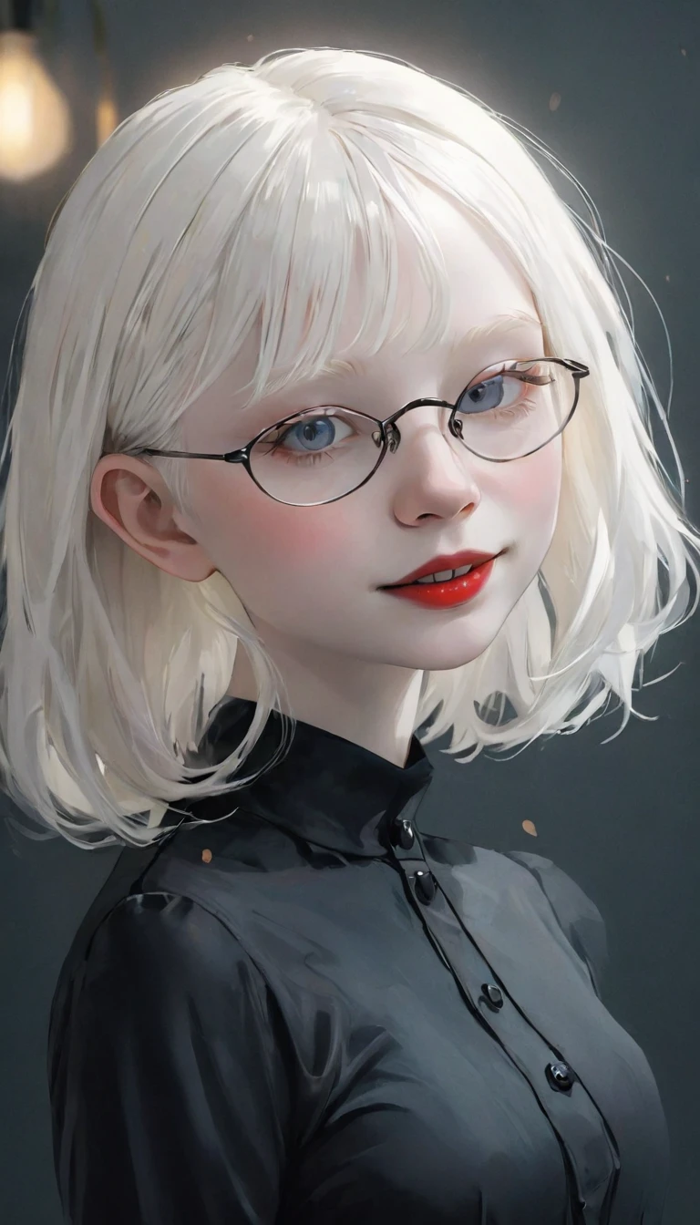 ((Ultra-realistic illustrations:1.3)),(Black clothes), Cute 18 year old (albino:1.4)Women of Slavic descent.(short:1.1), , Long white hair, Grey Eyes, ((Very pale:1.4)). Innocent look. kind.(virgin), (joy:1.2),(smile:1.3). (Playful:1.2). mascara, Glasses, Red lipstick, dress, (Black Pantyhose), pumps. masterpiece, (Very detailed:1.2),(Detailed face and eyes:1.2), 8k wallpaper, Moody lighting. Core Shadow, High Contrast, Bokeh.