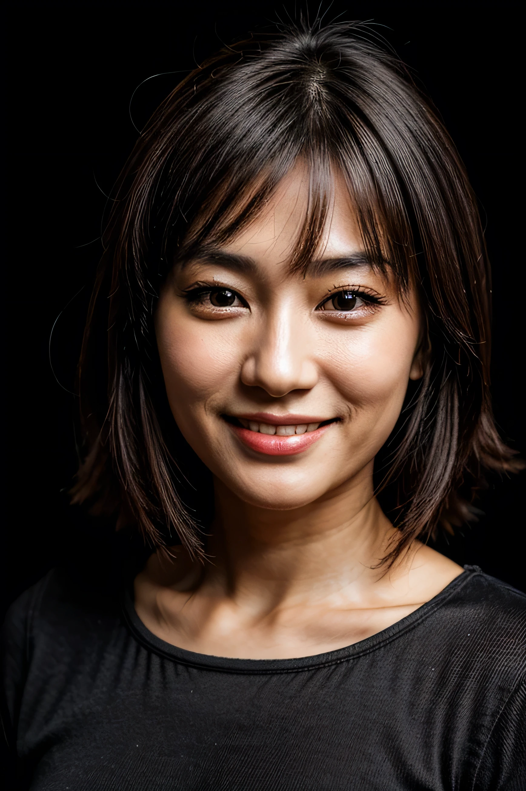 Gesicht perfekt, schönes Gesicht einer 30 Jahre alten Japanerin, Schönes Lächeln, mit schwarzem Hintergrund  