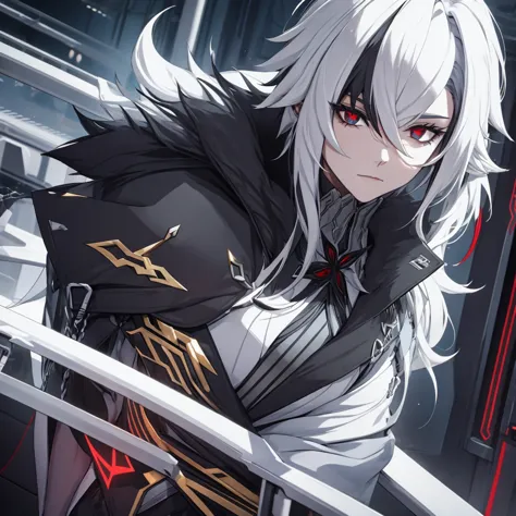 male character. black clothes. White hair. golden eyes. is in a futuristic setting.