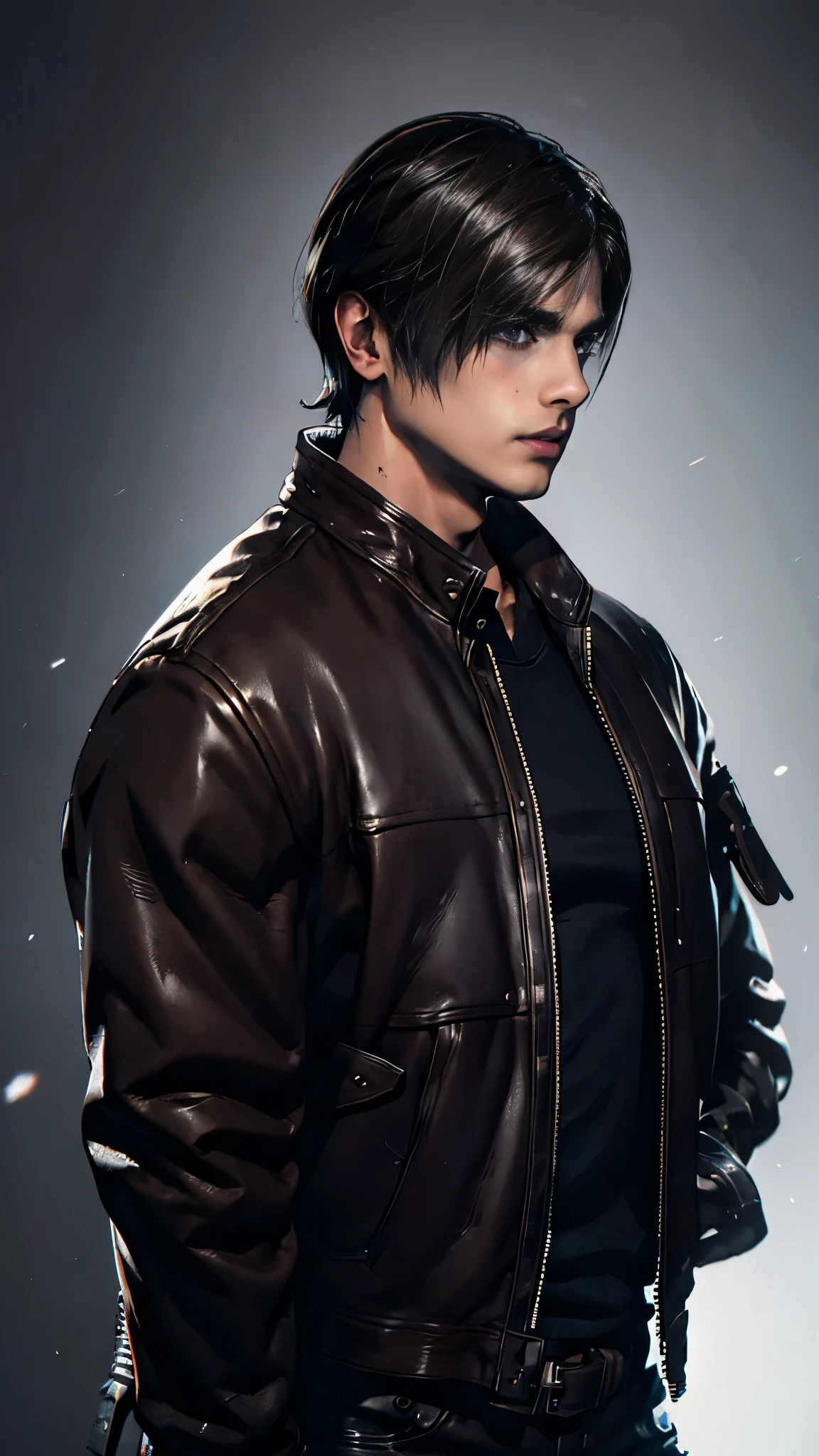 Leather jacket、male、Raccoon City、profile、Upper Body、Masterpiece、Highest quality、