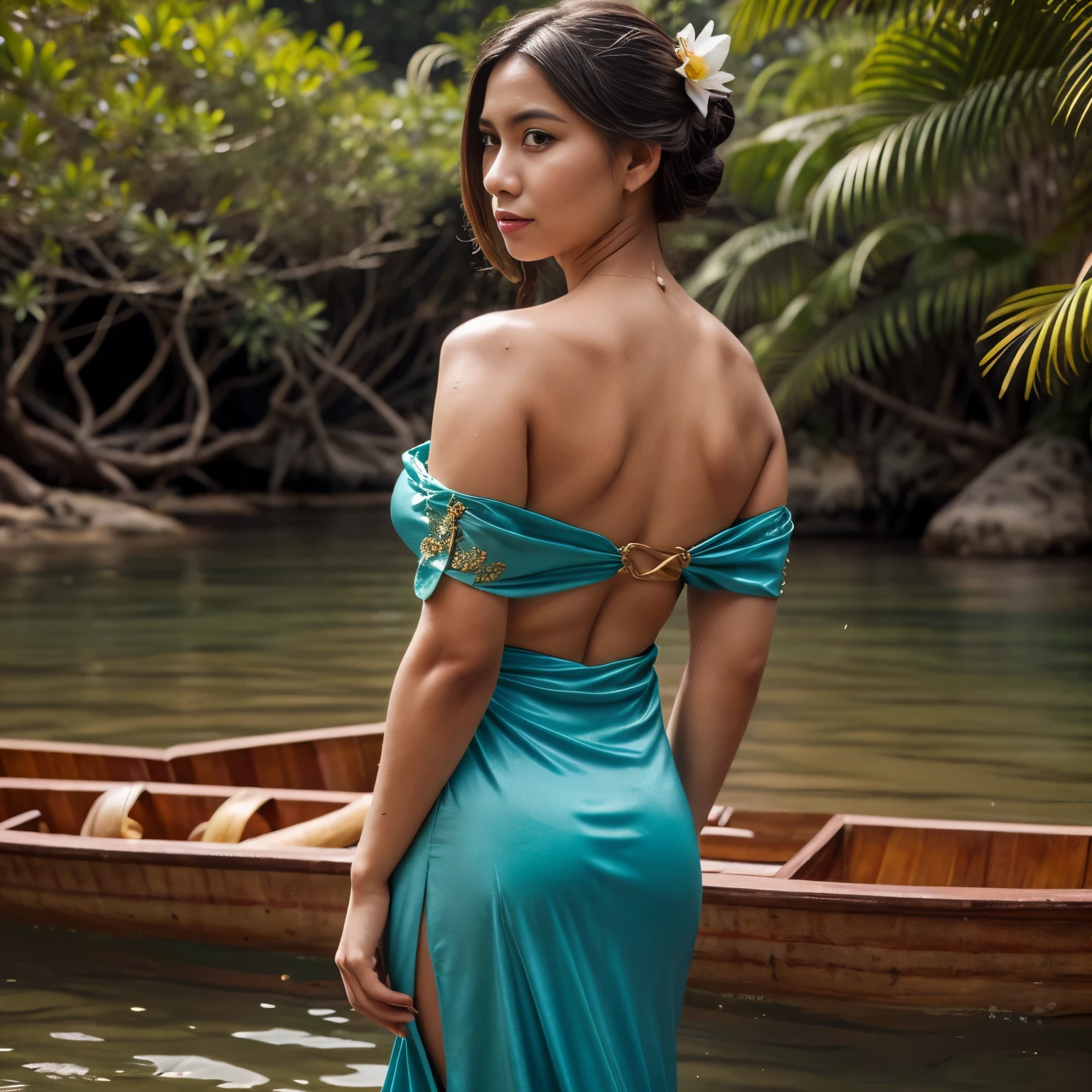 June - Mergui Archipelago, Myanmar
A woman named LaGermania poses for a chic calendar photoshoot on a remote island in the Mergui Archipelago, Myanmar during June. She stands amidst dense mangrove forests and secluded beaches, with turquoise waters and limestone cliffs creating a pristine backdrop against the horizon. LaGermania wears a traditional Burmese dress in hues of jade green and golden saffron, its silk fabric and lotus petal motifs reflecting the cultural heritage of Myanmar's coastal communities. The Burmese dress's draped sleeves and embroidered details create a silhouette that blends coastal elegance with Southeast Asian charm. Her hair, styled in a floral updo adorned with orchids, adds a touch of exotic allure to her ensemble. LaGermania's pose is graceful yet grounded, one hand lightly touching a mangrove root while the other holds a woven basket filled with seashells, their iridescent hues echoing the colors of her dress. The scene captures the untouched beauty of the Mergui Archipelago's remote islands and the cultural diversity of Myanmar's coastal traditions, where each detail—from the Burmese dress to LaGermania's radiant expression—invites viewers to embark on a journey through the heart of Southeast Asia's island sanctuaries.