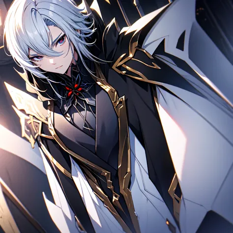 male character. black clothes. white hair. golden eyes. is in a futuristic setting.