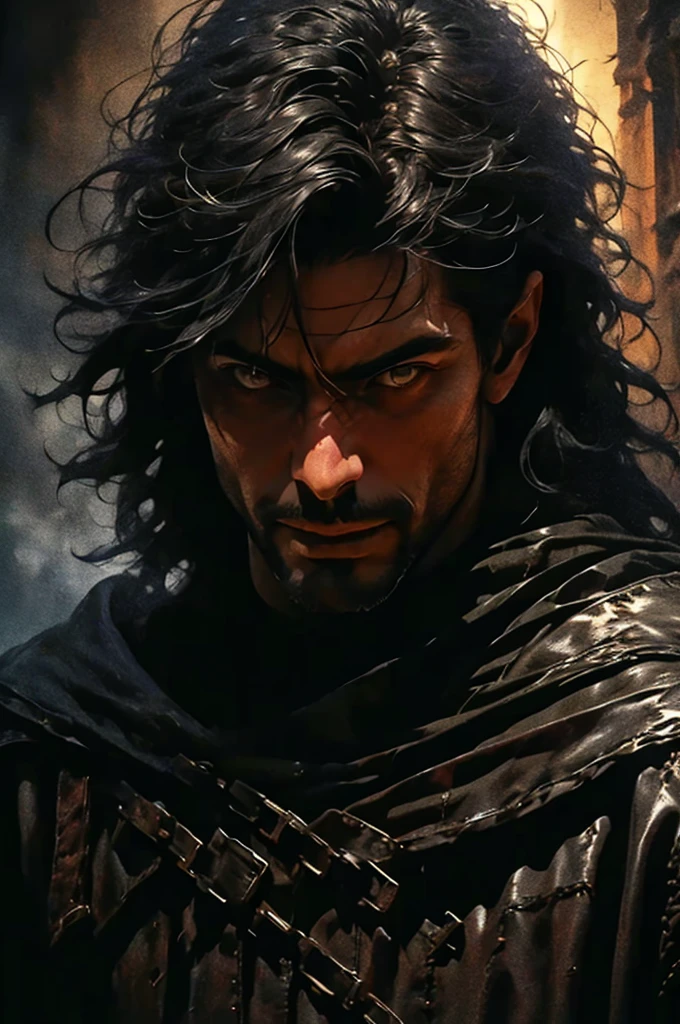 Portrait of a young boy, with dark gray hair, smooth and short, violet eyes. He wears black medieval clothes with a Cretan cape. He smiles sarcastically, in a medieval castle setting. 2d ART tormenta 20 style, d&D art, RPG art roguish smirk, handsome guy in demon slayer art, he's very menacing and evil, grinning lasciviously, dark light night, symmetrical face, symmetric eyes, fot realisitic, fot, Masterpiece artwork, realisitic, 真实感, rendering, hight contrast, photographingrealistic digital art trend on Artstation 8k HD high definition detailed realistic , detailded, texture skin, hiper detailded, Textura realisitic da pele, armour, best qualityer, ultra high-resolution, (fotrrealisitic: 1.4), high resolution, detailded, fot crua, sharp re, by lee jeffries nikon d850 film stock photographygrafiagraphy 4 kodak camera portra 400 lens f1.6 colors rich hyper realistic texture dramatic lighting irrealengine trending on artstation cinestill 800