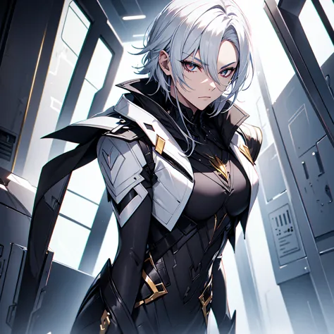 male character. black clothes. white hair. golden eyes. is in a futuristic setting.