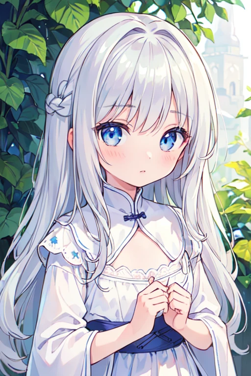 (best quality, masterpiece:1.2), ultra detailed, extremely detailed eyes and face, natural skin texture, detailed skin, natural lighting,
 chibi, 1 girl, 12-years-old, (cute),
 silver hair, middle hair, straight hair, shiny hair,
 blue eyes,
 flat chest,
 china dress,
 upper body,