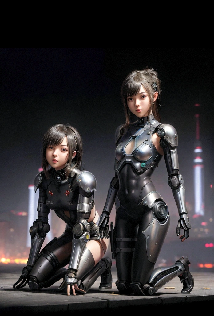 high quality, ​realistic masterpiece, two close friends, kneeling, bdsm, Beautiful tween girls, small skinny girls, cute girl face, cyberpunk, Wearing futuristic robotic tactical shear armor cyberpunk suit with cutouts showing abs, skinny athletic body showing legs, innocent, playful, Famous actresses of Japan, very beautiful face