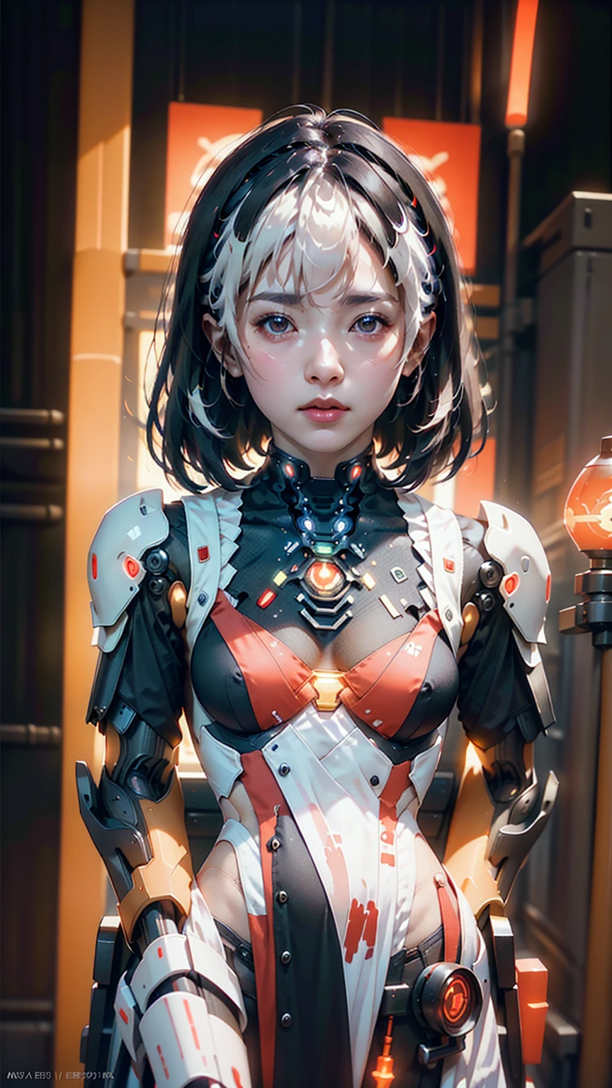 Top Quality, Masterpiece, Ultra High Resolution, (Photorealistic: 1.4), Raw Photo, 1 Asian Girl, Black Hair, Glossy Skin, 1 Mechanical Girl, (Ultra Realistic Detail)), Portrait, Global Illumination, Shadows, Contrast, Octane Rendering, 8K, Ultra Sharp, Big, Cleavage Exposed Raw Skin, Metal, Intricate Ornament Details, Very intricate details, realistic light, CGSoation trend, facing the camera, neon details, mechanical limbs, blood vessels connected to the tube, mechanical vertebrae attached to the back, mechanical cervical attachment to the neck, sitting, wires and cables connecting to the head, gundam, small LED lamps.big ,realistic ,white hair 