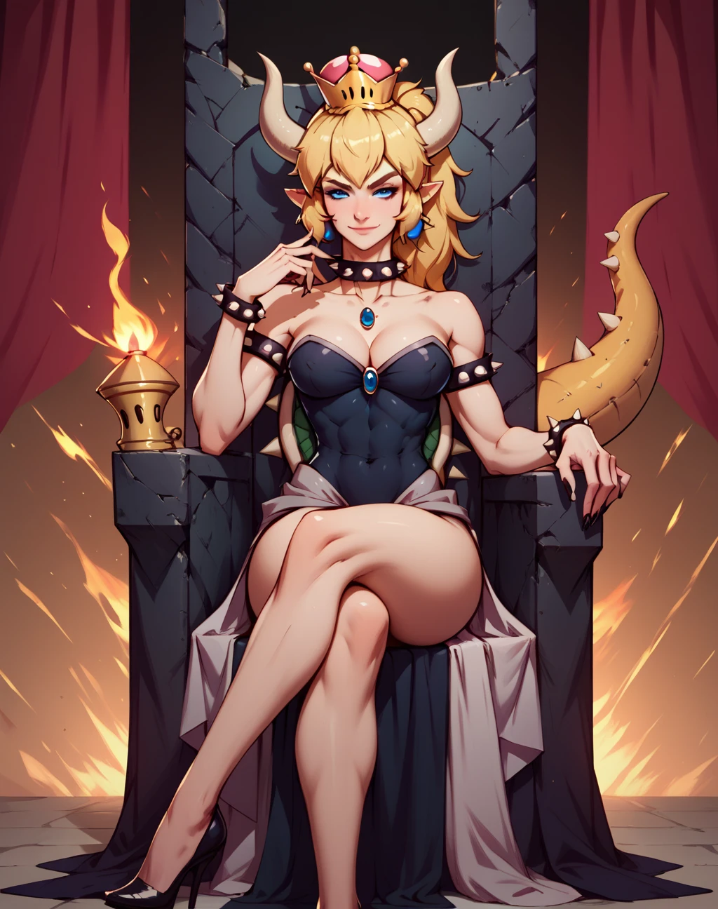 Bowsette, BREAK loop,breasts big,cutaneous dentition,sitting in the throne,from low,curved,cross legs,pretentious smile