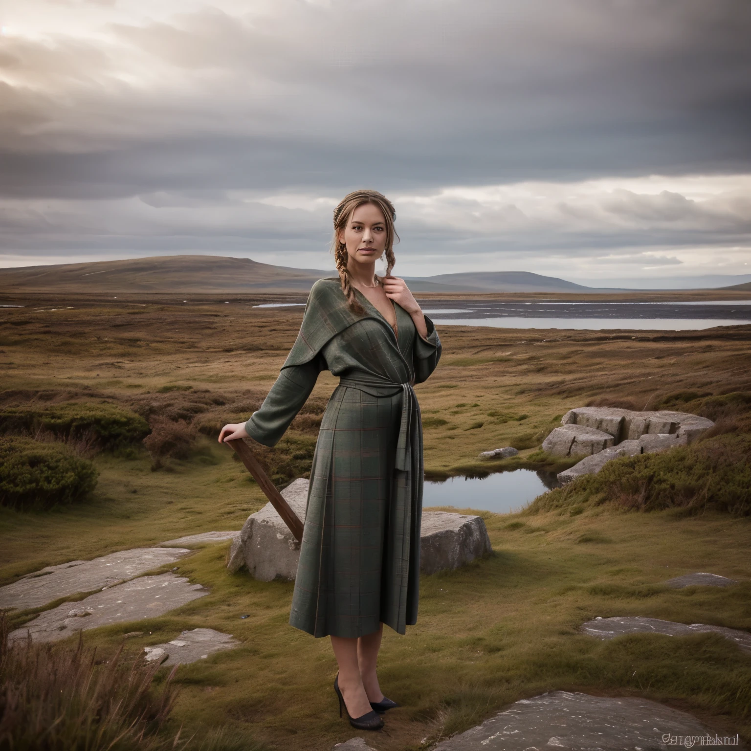 September - Outer Hebrides, Scotland
A woman named LaGermania poses for a chic calendar photoshoot on a remote island in the Outer Hebrides, Scotland during September. She stands amidst windswept moors and rugged coastlines, with ancient stone circles and pebble beaches stretching to the horizon. LaGermania wears a traditional Harris Tweed gown in hues of heather purple and seafoam green, its hand-woven wool and tartan patterns reflecting the cultural heritage of Scotland's Outer Hebrides. The Harris Tweed gown's tailored silhouette and rustic textures create a look that resonates with the rugged beauty of the Scottish islands. Her hair, styled in a braided crown adorned with thistles, adds a touch of Highland elegance to her ensemble. LaGermania's pose is contemplative yet resilient, one hand lightly resting on a weathered standing stone while the other holds a woven wicker basket filled with wild heather, its purple blooms contrasting with the verdant landscape. The scene captures the untamed beauty of the Outer Hebrides' remote islands and the enduring spirit of Celtic traditions, where each detail—from the Harris Tweed gown to LaGermania's serene expression—invites viewers to embrace the mystique of Scotland's island sanctuaries.