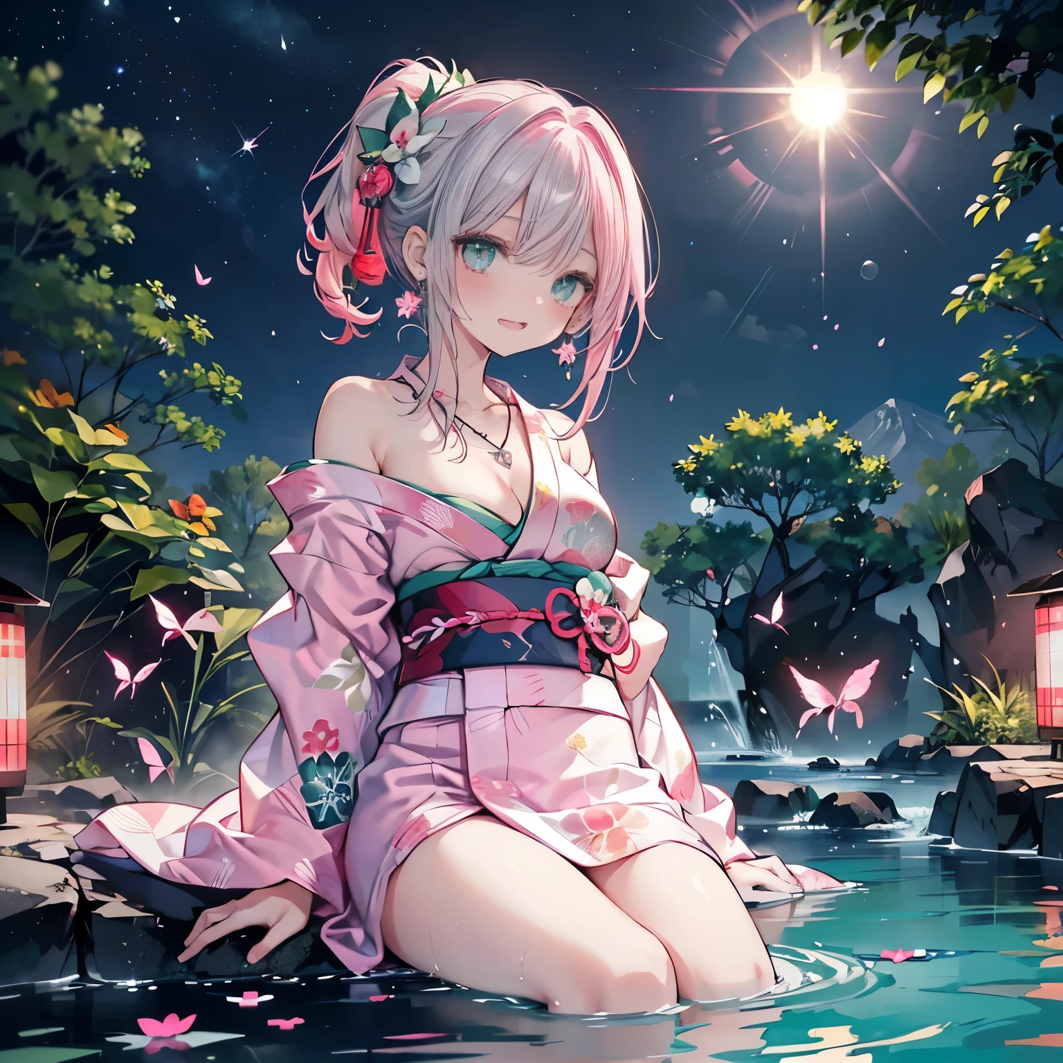 high angle,from above,cleavage,(beautiful pink and green butterflies and dragonflies all over the place),colorful flowers,fantasy beams and lights,((masterpiece:1.4, best quality)), ((masterpiece, best quality)),((beautiful pony tail silver red pink hair,beautiful emerald green eyes,little cute   girl)),wet full body, bathing in the water,(beautiful emerald green lake),water splash,lovely laugh,((sexy colorful japanese yukata)),(Lace chalker, wristband, diamond necklace,earrings),cinematic lighting and pause,beautiful natural mysterious park,night sky,full moon,(beautiful pink and red butterflies and dragonflies all over the place),