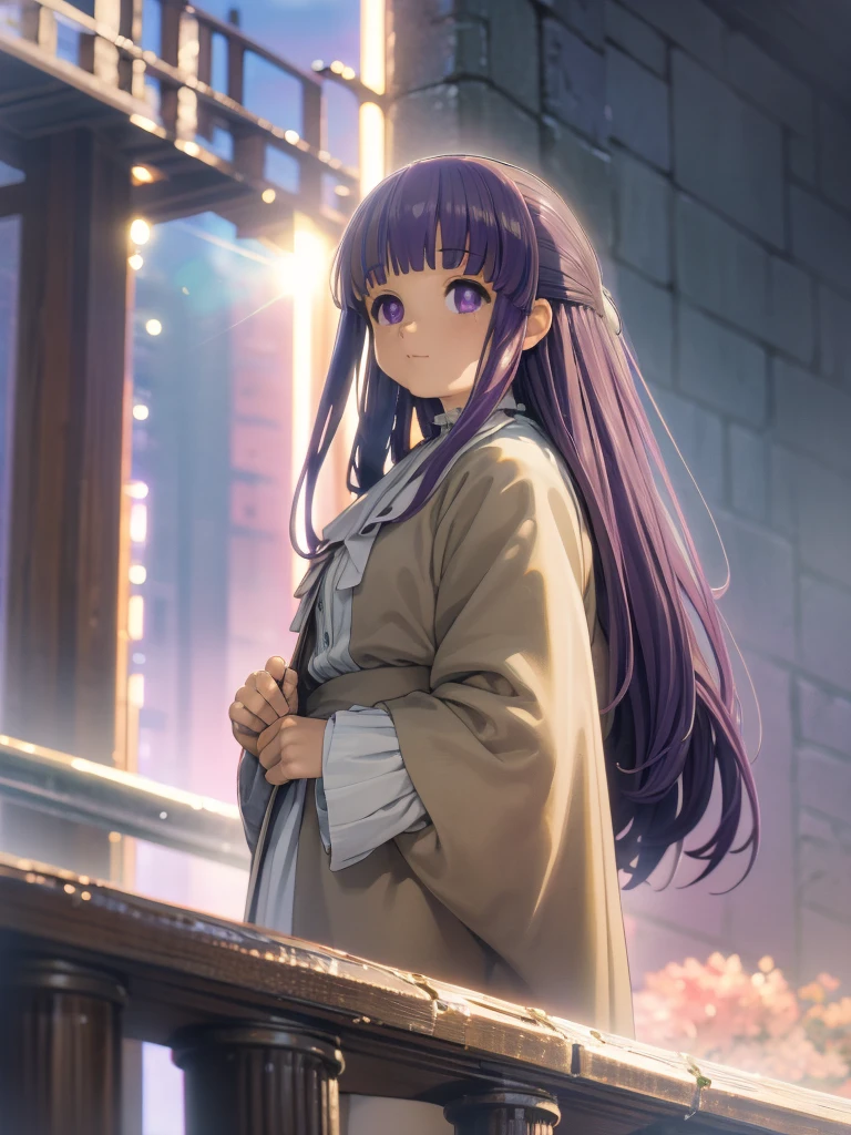 è²ä¼¦,1girl,solo,purple hair,long hair,purple eyes,blunt bangs,sidelocks,half updo,bright pupils, hair ornament,frilled collar,black robe,white dress,center frills,buttons,wide sleeves,long sleeves,curvy,cowboy shot,brown coat,from side,smile,, Exquisite visuals, high-definition,masterpiece,best quality,, 20yo,Young female,Beautiful Finger,Beautiful long legs,Beautiful body,Beautiful Nose,Beautiful character design, perfect eyes, perfect face,expressive eyes, looking at viewer, official art,extremely detailed CG unity 8k wallpaper, perfect lighting,Colorful, Bright_Front_face_Lighting,shiny skin, (masterpiece:1.0),(best_quality:1.0), ultra high res,4K,ultra-detailed, photography, 8K, HDR, highres, absurdres:1.2, Kodak portra 400, film grain, blurry background, bokeh:1.2, lens flare, (vibrant_color:1.2), (beautiful_face:1.5),(narrow_waist), 