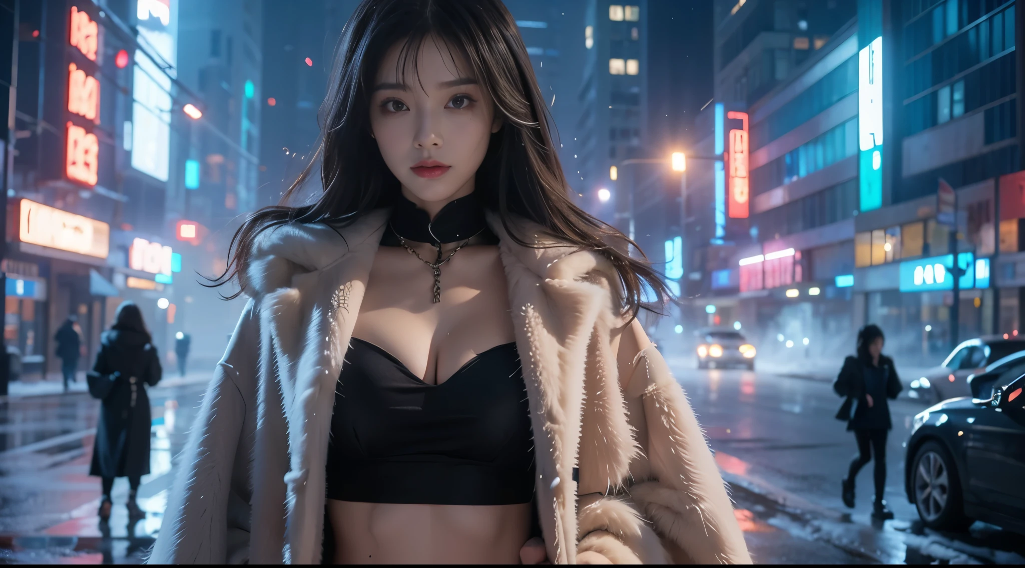 masterpiece，quality，Best quality at best，Official Art，（Beauty and aesthetics：1.2），（masterpiece：1.3），The city of the future，Cyberpunk Characters，A girl，Fur coat，No underwear，Sexy body，Looking at the camera，（Close-up cleavage：1.8），Volumetric Fog，snow，snow，drama，Christmas Eve