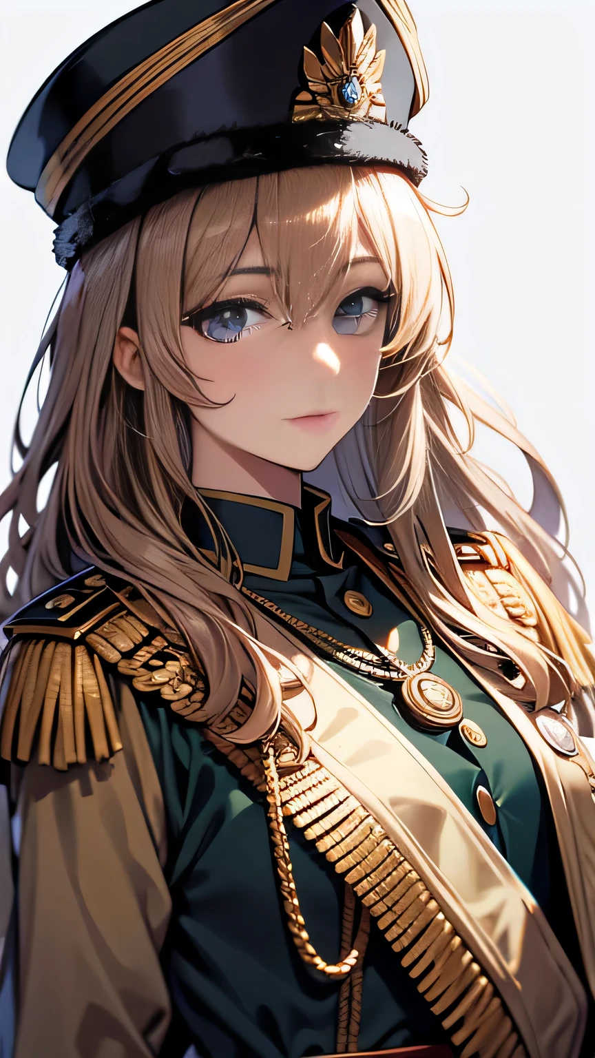 ((best quality)), ((masterpiece)), (detailed face and eyes), detailed hands and fingers, perfect face, accurate, textured skin, high details, gradient hair, hair between eyes, hair over shoulder, big hair, hair over eyes, anime, sparkle, Military uniform, military medal, Bicorne hat, medal, American Revolutionary War era officers, US Army,