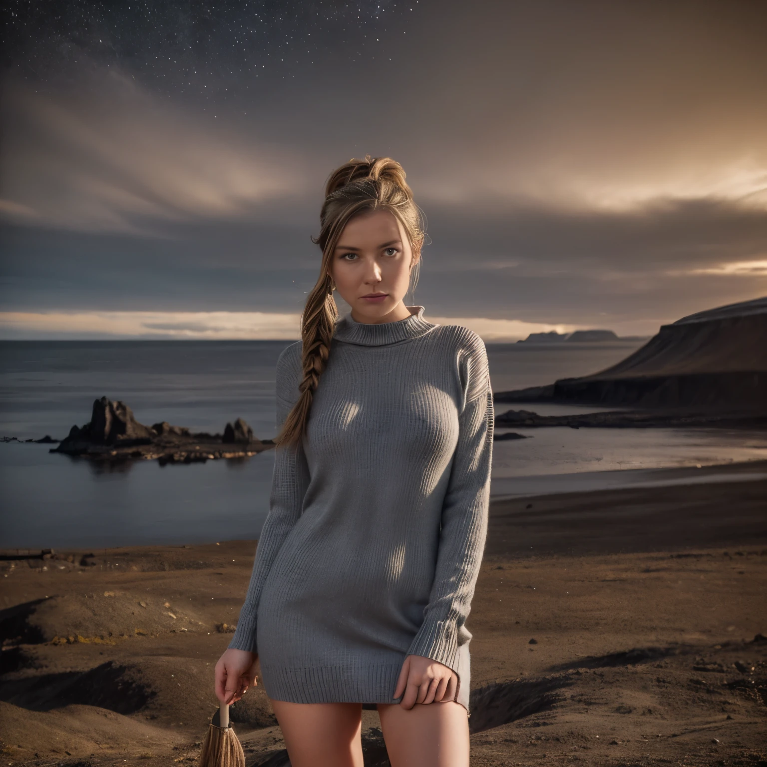 Diciembre - Islas Vestmannaeyjar, Islandia Una mujer llamada LaGermainia posa para una elegante sesión de fotos de calendario en una isla remota en las islas Vestmannaeyjar., Islandia durante diciembre. Se encuentra entre cráteres volcánicos y playas de arena negra., con frailecillos y auroras boreales bailando en el cielo ártico. La Germania viste un vestido suéter tradicional islandés en tonos azul medianoche y gris ceniza volcánica., su lana islandesa y sus patrones geométricos reflejan la herencia cultural de los colonos vikingos de Islandia. El diseño de punto y las texturas acogedoras del vestido tipo suéter crean una silueta que combina la calidez nórdica con la elegancia moderna en el contexto de la naturaleza salvaje del Ártico.. Su pelo, peinado en una cola de caballo suelta adornada con hilo de lana islandés, añade un toque de encanto escandinavo a su conjunto. La pose de La Germania es contemplativa pero resistente, una mano sostiene ligeramente un bastón de madera tallada a mano mientras la otra ajusta un chal tejido, sus intrincados patrones inspirados en el folclore islandés. La escena captura la belleza etérea de los paisajes remotos de las islas Vestmannaeyjar y el legado cultural del norte de Europa., donde cada detalle, desde el vestido suéter islandés hasta la expresión serena de La Germania, invita a los espectadores a abrazar la magia de los reinos insulares de Islandia..