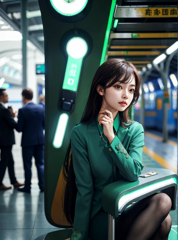 (One girl), alone, Latin Girls, length_hair, wear(Green Formal_suit, jewelry), photograph(Mid-range shot), Portraiture, Sitting pose, throw, Blurred_background, background(futuristic metro_station), (photographrealistic, Absurd, Highest_quality:1.55),