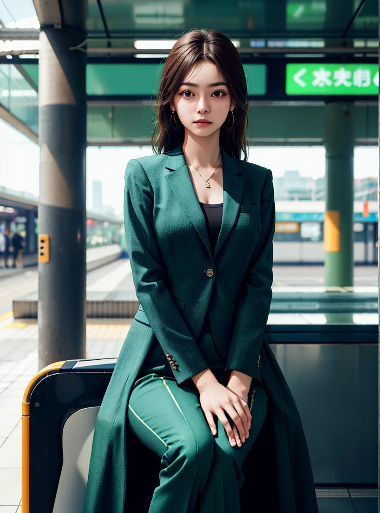 (One girl), alone, Latin Girls, length_hair, wear(Green Formal_suit, jewelry), photograph(Mid-range shot), Portraiture, Sitting pose, throw, Blurred_background, background(futuristic metro_station), (photographrealistic, Absurd, Highest_quality:1.55),