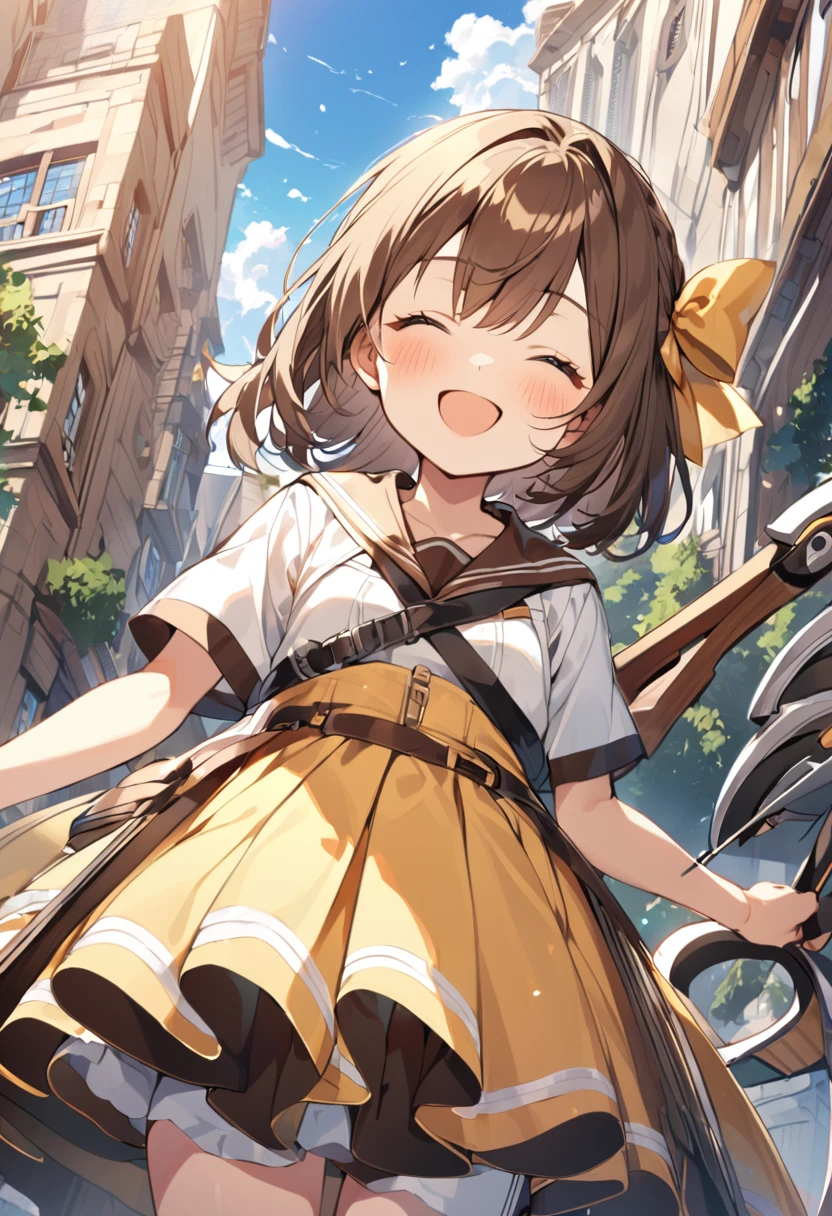 1 girl, alone, broad, blush, SMILE, Brown hair, bow, two tails, Closed eyes, weapon, short sleeves, hair bow, sky, day, blue sky, building, in front of the viewer, yellow bow, bow (weapon), ARROW (projectile)