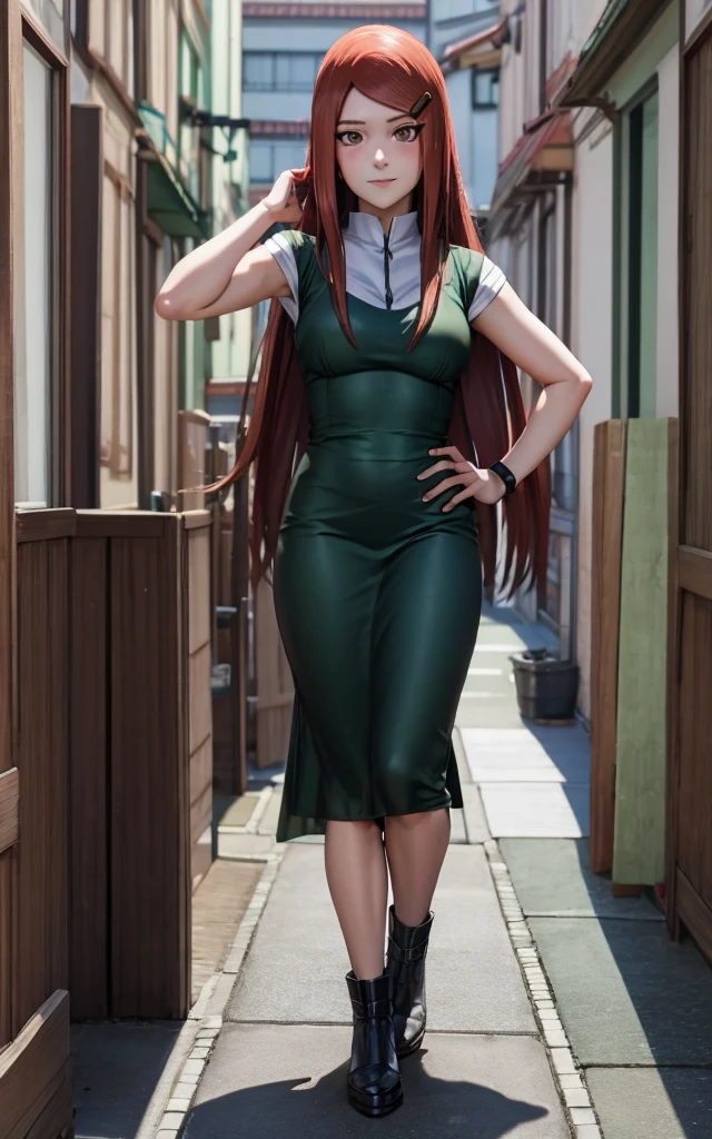 full body, uzumaki kushina, Kushina Uzumaki, masterpiece, high quality, UHD Quality, 4k Quality, perfect, perfection, perfect all,
long red hair, hair ornament, swept bangs, gray eyes, hairclip, perfect face, perfect body, perfect hair, expressive eyes, Soft smile, perfect waist, blushing, green dress, white tiny short sleeves, collar