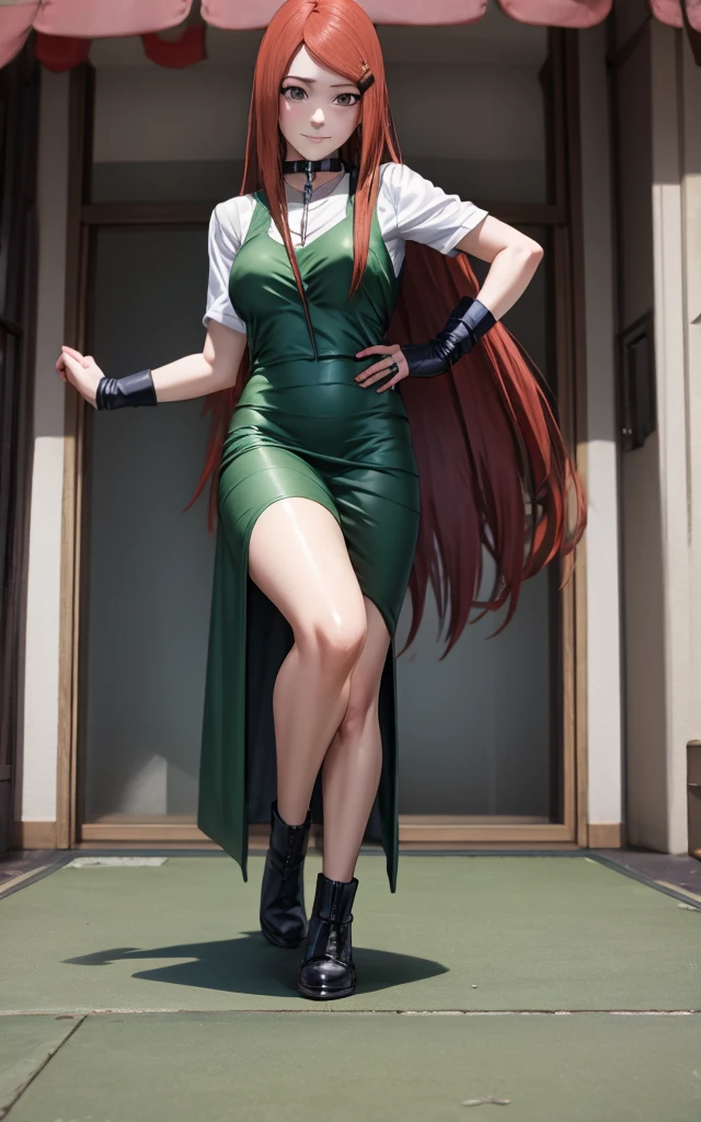 full body, uzumaki kushina, Kushina Uzumaki, masterpiece, high quality, UHD Quality, 4k Quality, perfect, perfection, perfect all,
long red hair, hair ornament, swept bangs, gray eyes, hairclip, perfect face, perfect body, perfect hair, expressive eyes, Soft smile, perfect waist, blushing, green dress, white tiny short sleeves, collar