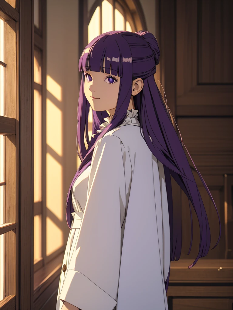 è²ä¼¦,1girl,solo,purple hair,long hair,purple eyes,blunt bangs,sidelocks,half updo,bright pupils, hair ornament,frilled collar,black robe,white dress,center frills,buttons,wide sleeves,long sleeves,curvy,cowboy shot,brown coat,from side,smile,, Exquisite visuals, high-definition,masterpiece,best quality,, 20yo,Young female,Beautiful Finger,Beautiful long legs,Beautiful body,Beautiful Nose,Beautiful character design, perfect eyes, perfect face,expressive eyes, looking at viewer, official art,extremely detailed CG unity 8k wallpaper, perfect lighting,Colorful, Bright_Front_face_Lighting,shiny skin, (masterpiece:1.0),(best_quality:1.0), ultra high res,4K,ultra-detailed, photography, 8K, HDR, highres, absurdres:1.2, Kodak portra 400, film grain, blurry background, bokeh:1.2, lens flare, (vibrant_color:1.2), (beautiful_face:1.5),(narrow_waist), 