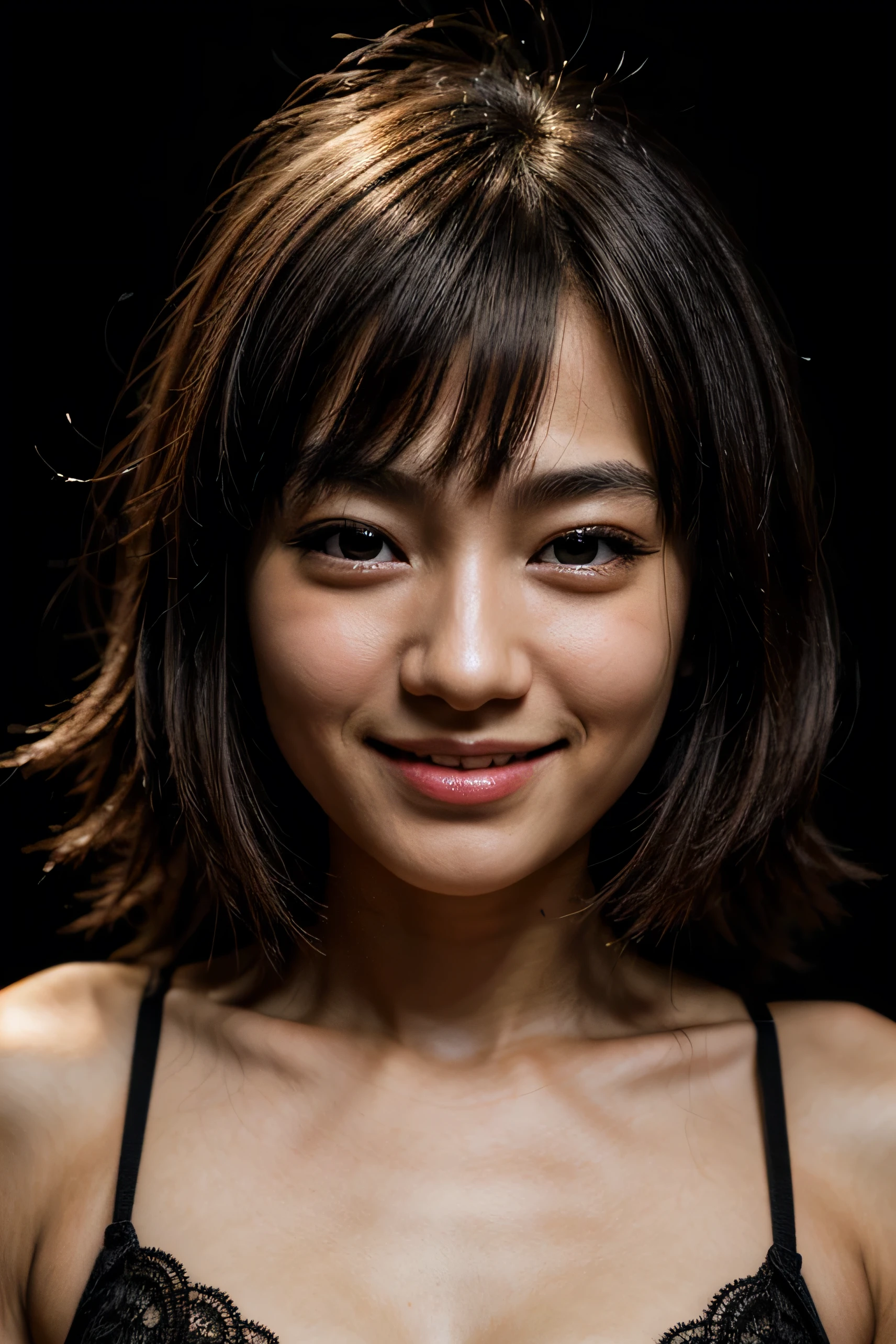 visage parfait, beau visage d&#39;une japonaise de 14 ans , SOURIRE belle, avec fond noir 