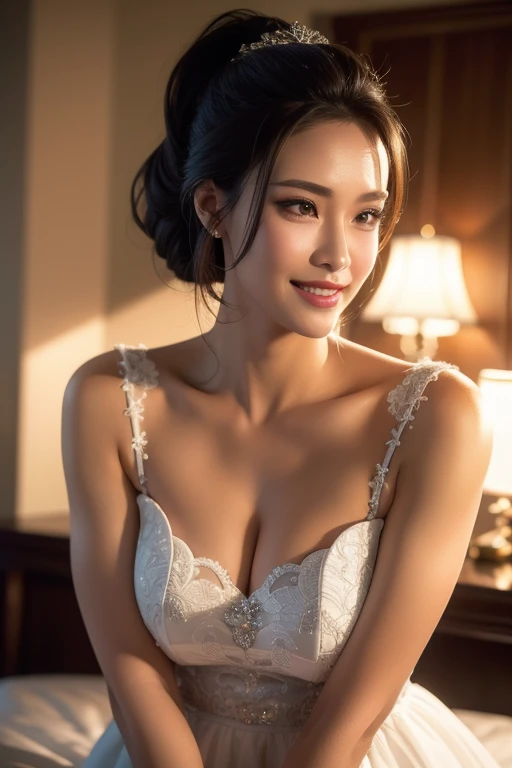 a gorgeous busty woman, ponytail, royal bride, queen, beautiful detailed smile, beautiful detailed teeth, POV, lover, cinematic dramatic lighting, (best quality,4k,8k,highres,masterpiece:1.2),ultra-detailed,(realistic,photorealistic,photo-realistic:1.37),HDR,UHD,studio lighting,ultra-fine painting,sharp focus,physically-based rendering,extreme detail description,professional,vivid colors,bokeh,portrait,photorealistic,cinematic