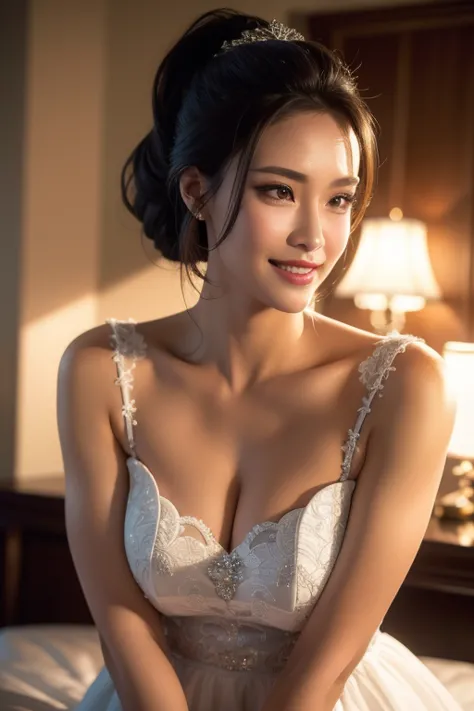 a gorgeous busty woman, ponytail, royal bride, queen, beautiful detailed smile, beautiful detailed teeth, pov, lover, cinematic ...