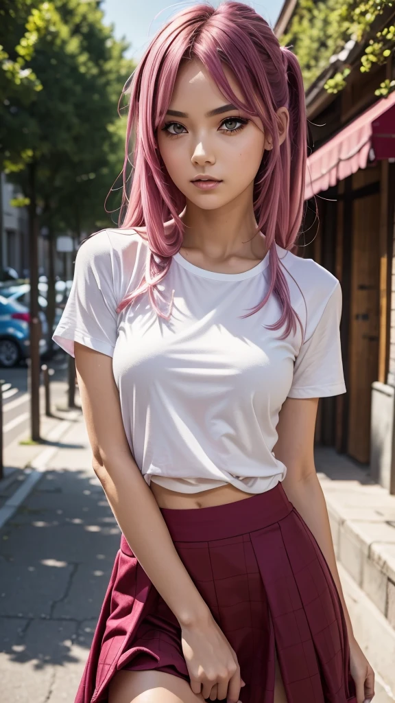 masterpiece, best quality, highres, absurdres, 1girl, crowd, skirt, pink hair, gasai yuno, from below, revealing clothes, skindentation, outdoors, sunlight, street, looking at viewer, blush,