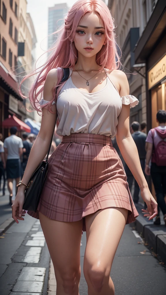 a masterpiece, best quality, highres, absurdres, 1girl, crowd, skirt, pink hair, gasai yuno, from below, revealing clothes, skindentation, outdoors, sunlight, street, looking at viewer, blush, detailed face, beautiful detailed eyes, beautiful detailed lips, extremely detailed face, long eyelashes, cinematic lighting, depth of field, volumetric lighting, photorealistic, digital painting, concept art, vibrant colors, dynamic pose