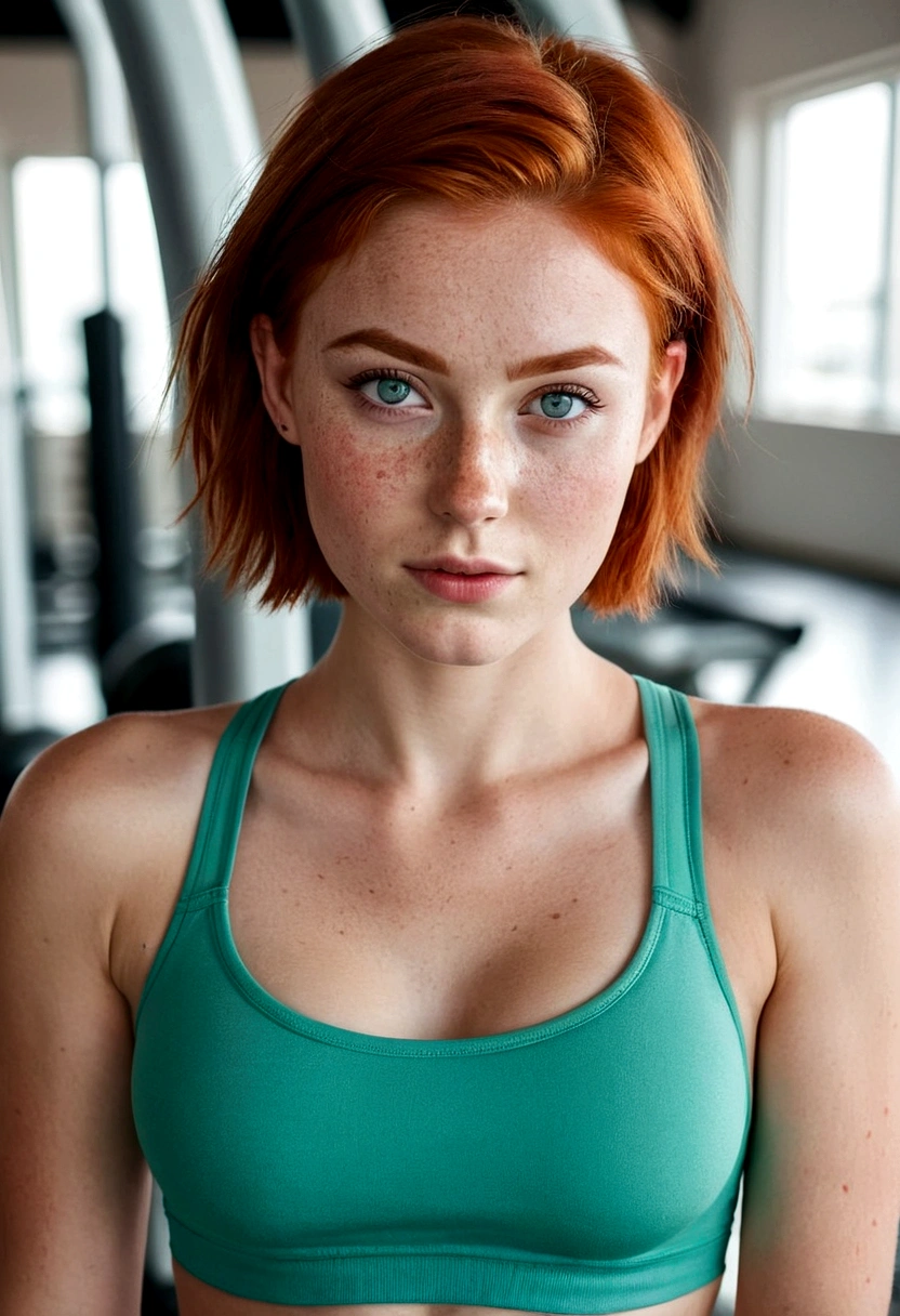 Woman 20 Years Old Nordic Ethnicity, Short red hair with a perfect face and light freckles, Blue-Green Eyes Wearing Thin Strap Bra and Sexy Short Tight Gym Shorts