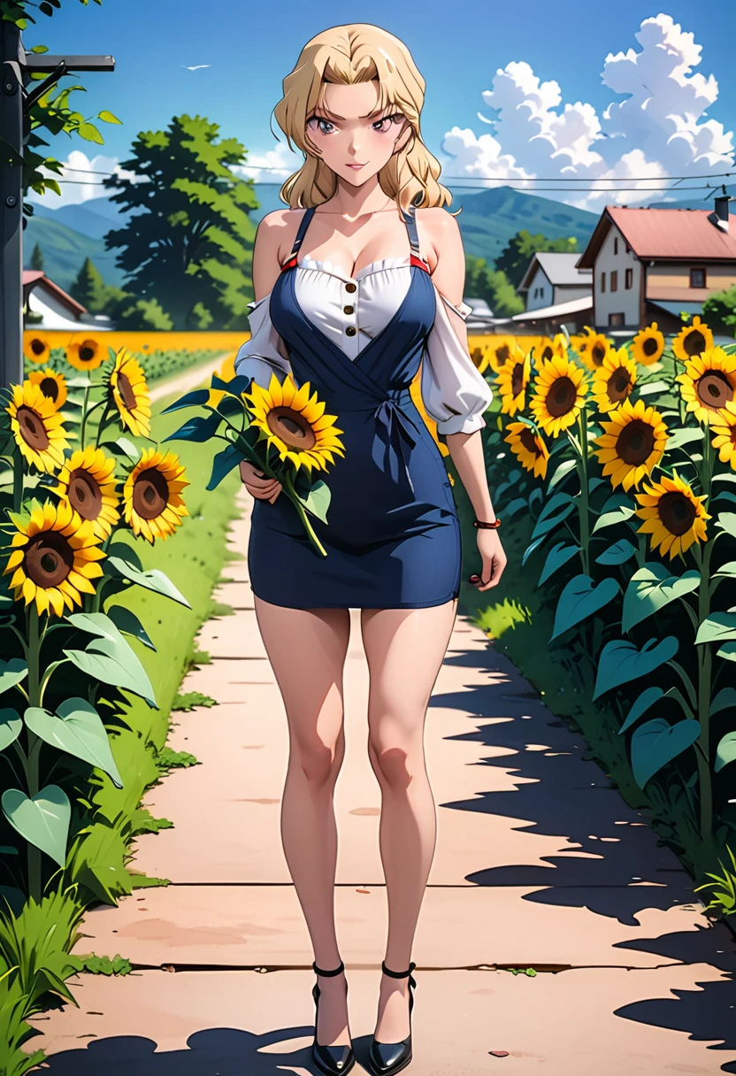 (masterpiece, best quality:1.5),((Extremely detailed)),high resolution,Anime style,(Beautiful blonde woman,full body, holding sunflowers, outdoor scenes, casual costumes, natural beauty, perfect figure:1.3)